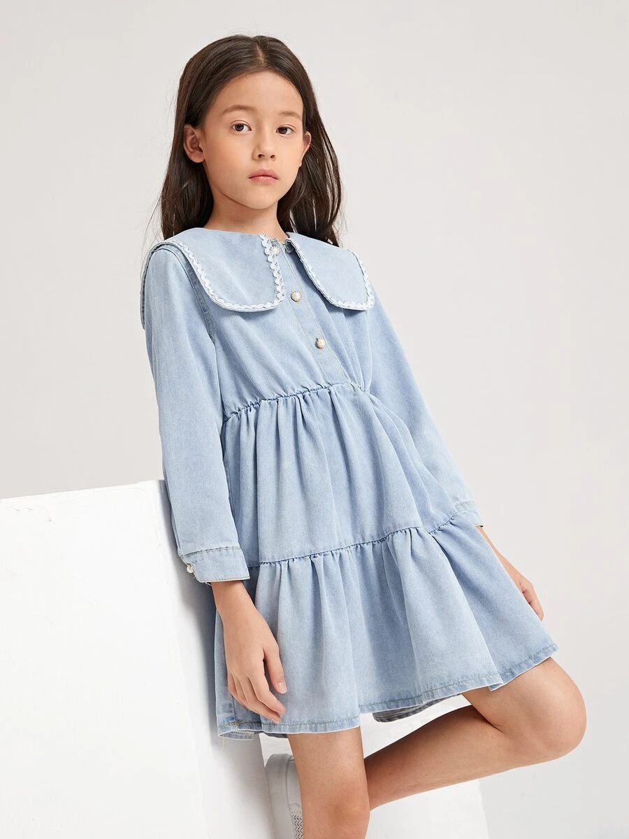 Bé Gái Váy Denim Viên lá sen màu trơn Dễ thương - Rửa nhẹ - Xem 1