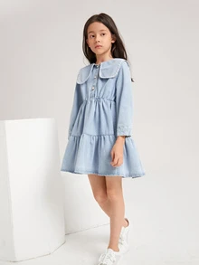 Bé Gái Váy Denim Viên lá sen màu trơn Dễ thương - Rửa nhẹ - Xem 3