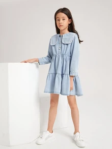 Bé Gái Váy Denim Viên lá sen màu trơn Dễ thương - Rửa nhẹ - Xem 4