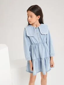 Bé Gái Váy Denim Viên lá sen màu trơn Dễ thương - Rửa nhẹ - Xem 5