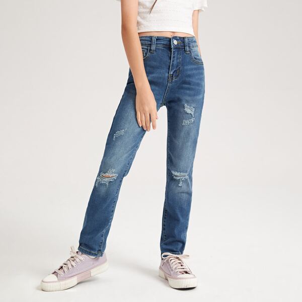 

Girls Ripped Button Fly Jeans, Dark wash