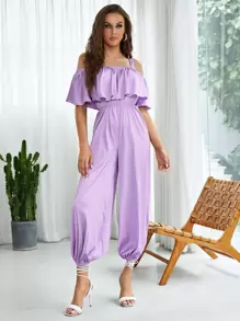 Sara Cennamo Cold Shoulder Ruffle Detail Solid Jumpsuit - Lilac Purple - View 1