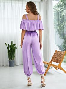 Sara Cennamo Cold Shoulder Ruffle Detail Solid Jumpsuit - Lilac Purple - View 2
