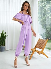 Sara Cennamo Cold Shoulder Ruffle Detail Solid Jumpsuit - Lilac Purple - View 3