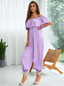 Sara Cennamo Cold Shoulder Ruffle Detail Solid Jumpsuit - Lilac Purple - View 4