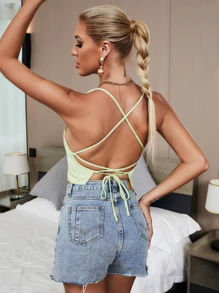 Top Corto Sin Mangas Con Espalda Descubierta Y Atado Cruzado - Verde Lima - Ver 1