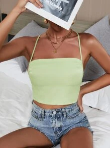 Top Corto Sin Mangas Con Espalda Descubierta Y Atado Cruzado - Verde Lima - Ver 2