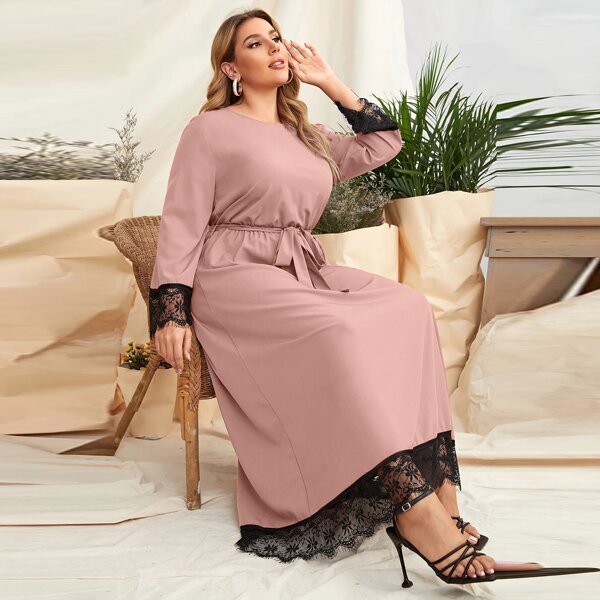 

Plus Lace Trim Belted A-line Dress, Dusty pink