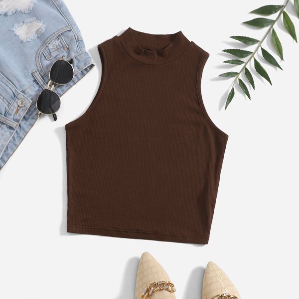 

Mock Neck Rib-knit Tank Top, Chocolate brown