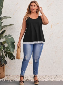 EMERY ROSE Top de tirantes ribete con encaje en contraste - Negro - Ver 4