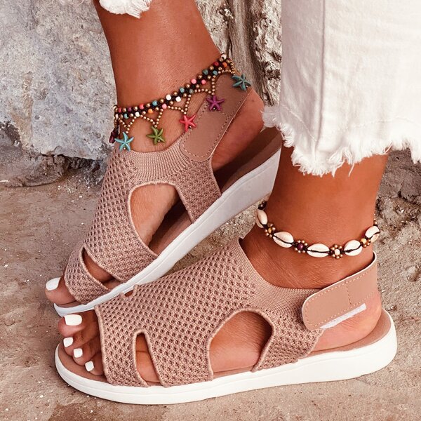

Velcro Strap Knit Sport Sandals, Apricot