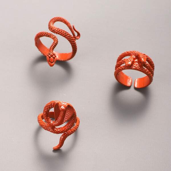 

3pcs Men Snake Design Ring, Red