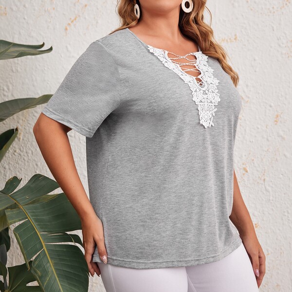 

Plus Crisscross Lace Trim Top, Grey