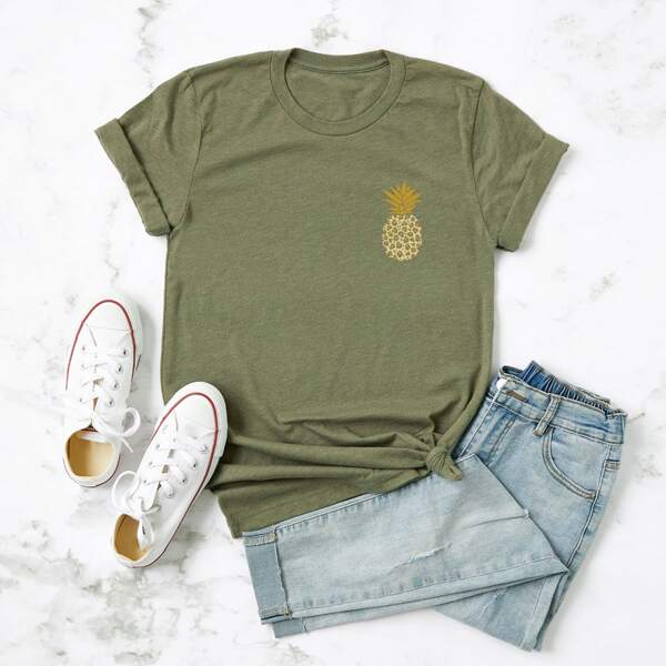 

Plus Pineapple Print Round Neck Tee, Olive green
