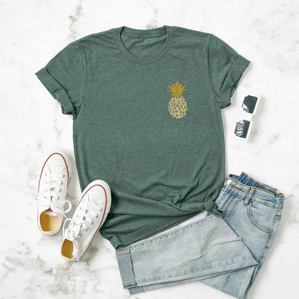 

Plus Pineapple Print Round Neck Tee, Dark green