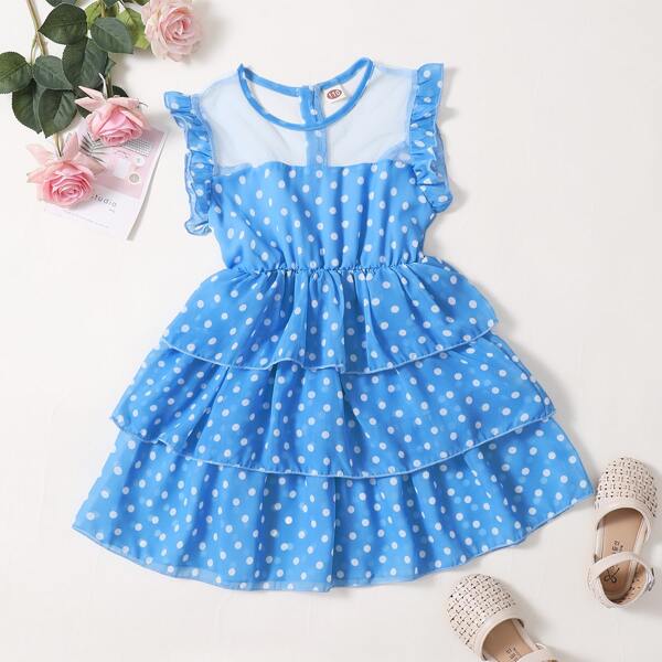 

Toddler Girls Mesh Yoke Polka Dot Tiered Layer Dress, Blue