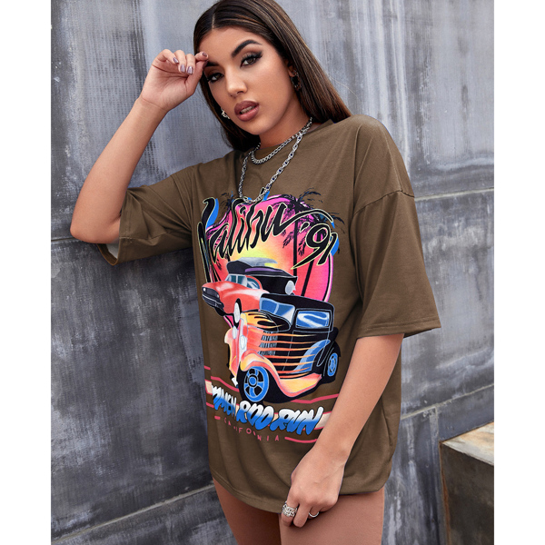 

Car And Letter Graphic Drop Shoulder Tee, Brown