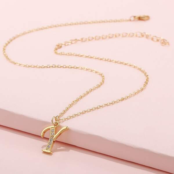 

Girls Zircon Decor Letter Charm Necklace, Gold