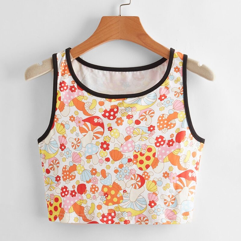 

Mushroom Print Ringer Tank Top, Multicolor