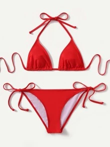 Swim Basics Summer Beach Mono Bikini Set Halter Triangle Bra & Tie Side Bottom 2 Pieces Bikini - Red - View 1