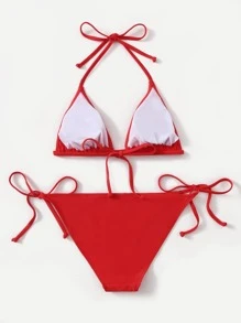 Swim Basics Summer Beach Mono Bikini Set Halter Triangle Bra & Tie Side Bottom 2 Pieces Bikini - Red - View 2