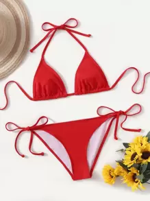 Swim Basics Summer Beach Mono Bikini Set Halter Triangle Bra & Tie Side Bottom 2 Pieces Bikini - Red - View 4