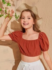 SHEIN Girls Puff Sleeve Shirred Back Crop Top - Rust Brown - View 1