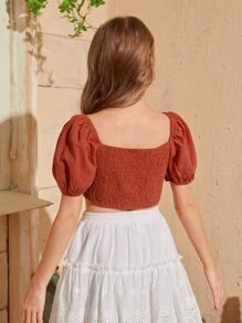 SHEIN Girls Puff Sleeve Shirred Back Crop Top - Rust Brown - View 2