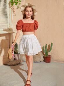 SHEIN Girls Puff Sleeve Shirred Back Crop Top - Rust Brown - View 3