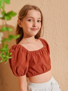 SHEIN Girls Puff Sleeve Shirred Back Crop Top - Rust Brown - View 4