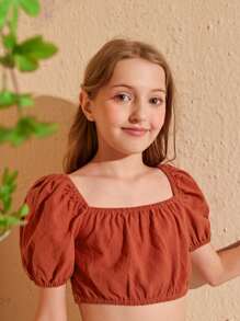 SHEIN Girls Puff Sleeve Shirred Back Crop Top - Rust Brown - View 5