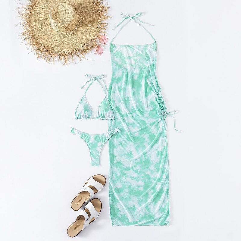 

3pack Tie Dye Triangle Bikini Swimsuit & Cover Up, Green