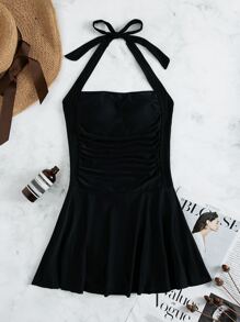 Swim Vcay Summer Beach Ruffle Halter One Piece Swimsuit