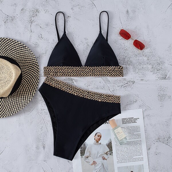 

Contrast Binding Triangle Bikini Swimsuit, Black