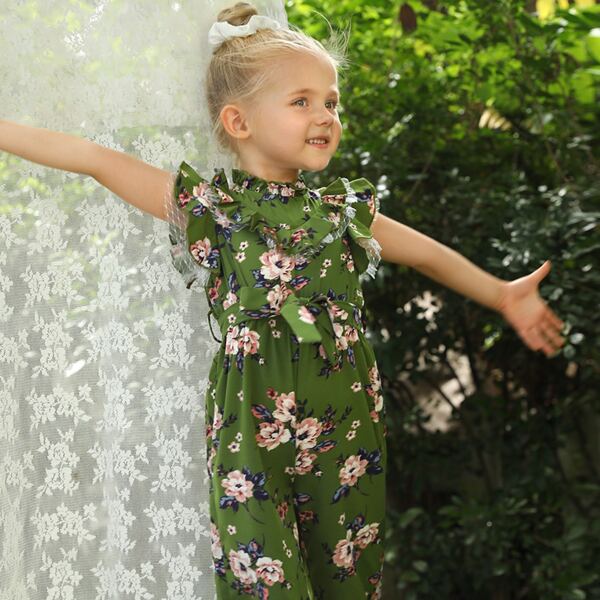 

Toddler Girls 1 PC Mesh Ruffle Trim Belted Floral Jumpsuit, Multicolor