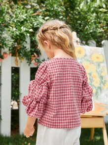 SHEIN 女童1件裝燈籠袖格紋上衣
