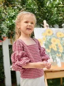 SHEIN 女童1件裝燈籠袖格紋上衣