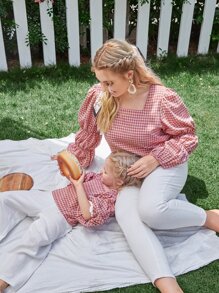 SHEIN 女童1件裝燈籠袖格紋上衣