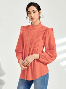 SHEIN 優雅褶皺邊 百褶 揉皺純色襯衫 - 西瓜粉 - 查看 1