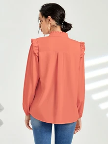 SHEIN 優雅褶皺邊 百褶 揉皺純色襯衫 - 西瓜粉 - 查看 2