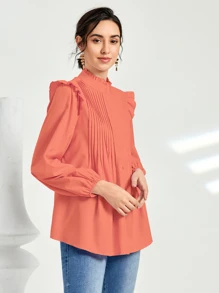 SHEIN 優雅褶皺邊 百褶 揉皺純色襯衫 - 西瓜粉 - 查看 3