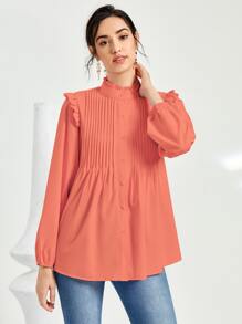SHEIN 優雅褶皺邊 百褶 揉皺純色襯衫 - 西瓜粉 - 查看 4