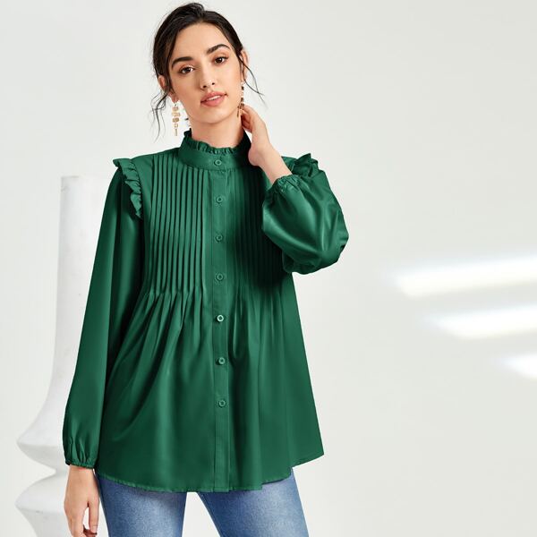 

Frill Neck Pleated Button Up Blouse, Dark green