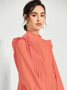 SHEIN 優雅褶皺邊 百褶 揉皺純色襯衫 - 西瓜粉 - 查看 5