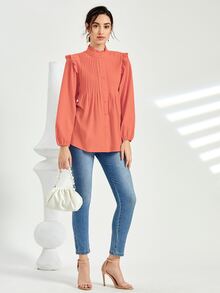 SHEIN 優雅褶皺邊 百褶 揉皺純色襯衫 - 西瓜粉 - 查看 6