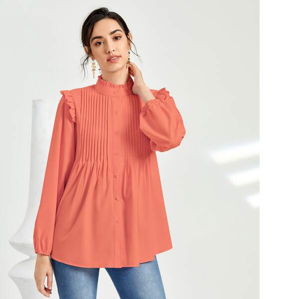

Frill Neck Pleated Button Up Blouse, Watermelon pink