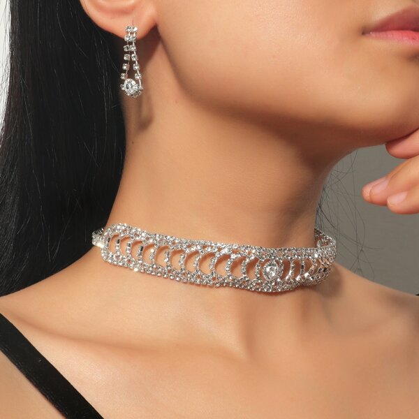 

3pcs Rhinestone Decor Jewelry Set, Silver
