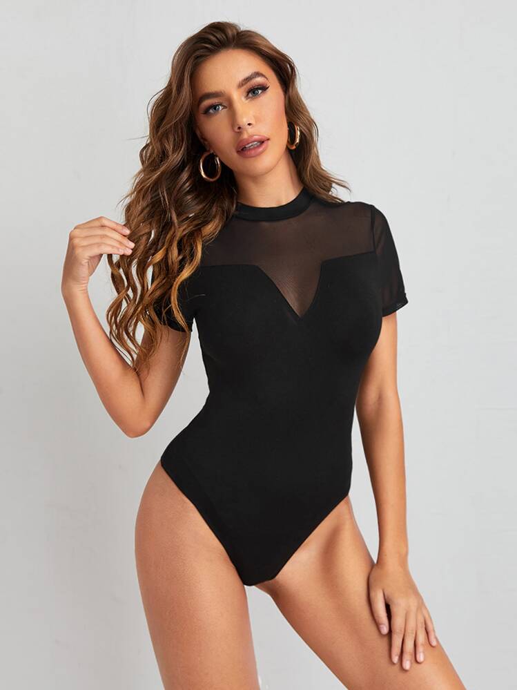 Firerie Sheer Mesh Insert Tee Bodysuit - Black - View 1