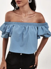 Top de manga farol ribete fruncido de hombros descubiertos - Neblina azul - Ver 1