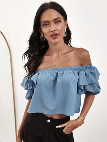 Top de manga farol ribete fruncido de hombros descubiertos - Neblina azul - Ver 3